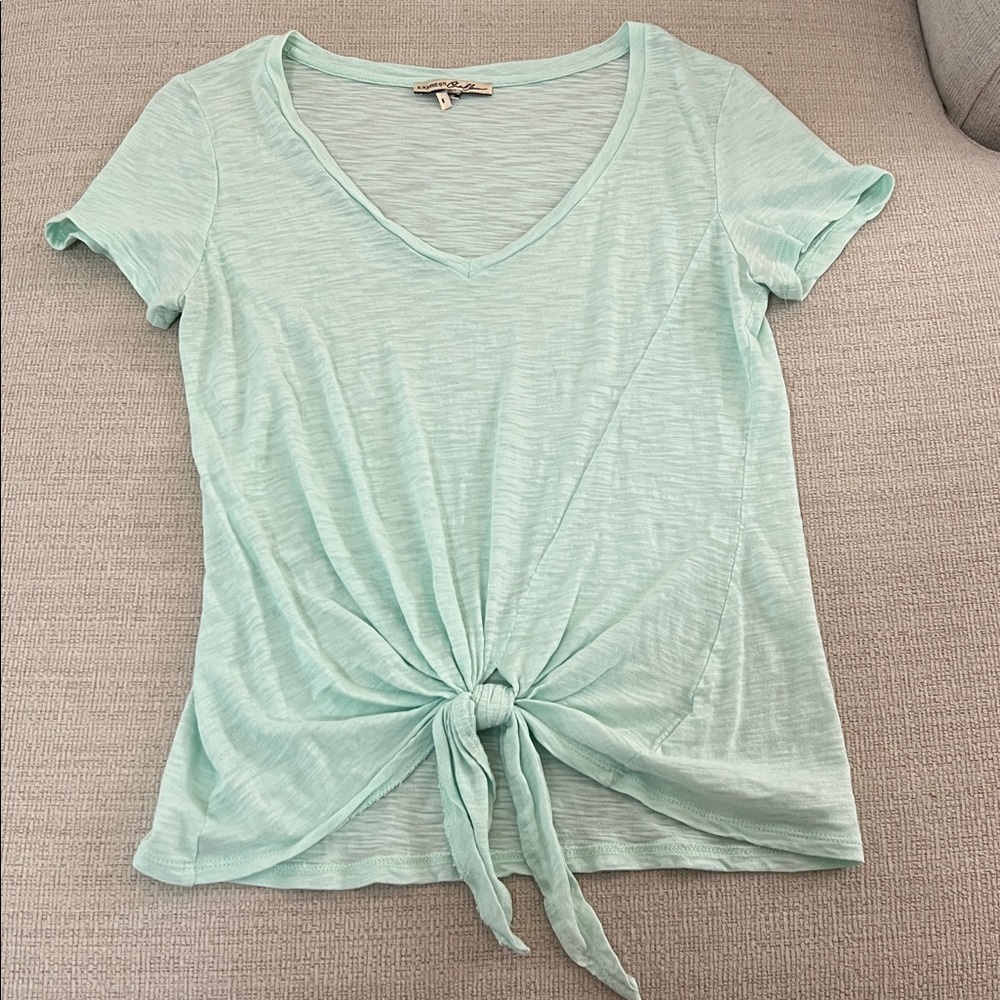 Express One Eleven Light Mint Green V-Neck Top